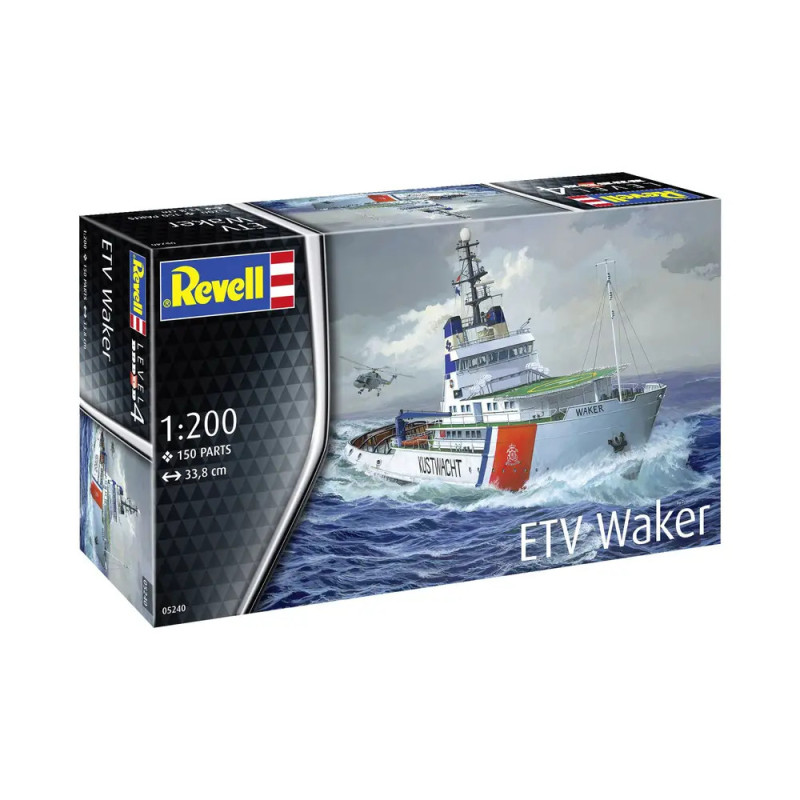 Revell-Modellbausatz mit ETV Waker auf rauer See, daneben ein Helikopter. Revell-Modellbausatz mit ETV Waker auf rauer See, daneben ein Helikopter.