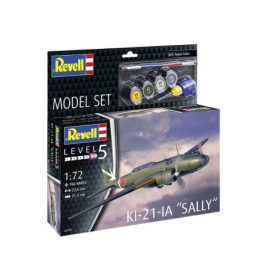 Revell-Set KI-21-IA Sally: Modellbausatz mit Farben, Kleber und Flugzeugabbildung auf der Box.