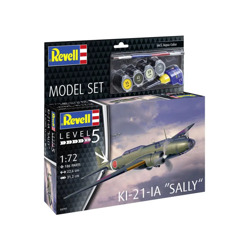 Revell-Set KI-21-IA Sally: Modellbausatz mit Farben, Kleber und Flugzeugabbildung auf der Box. Revell-Set KI-21-IA Sally: Modellbausatz mit Farben, Kleber und Flugzeugabbildung auf der Box.