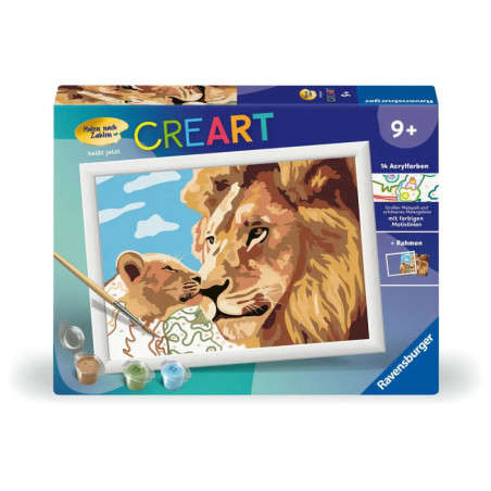 Malset mit Löwenmotiv, Farbtöpfen und Pinsel, geeignet für Kinder ab 9 Jahren.