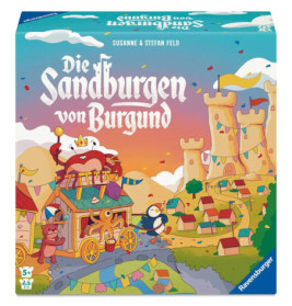 Bunte Brettspielschachtel mit Comic-Tieren, Sandburg, Fest-Bannern und deutschem Titel.