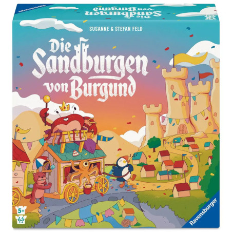 Bunte Brettspielschachtel mit Comic-Tieren, Sandburg, Fest-Bannern und deutschem Titel. Bunte Brettspielschachtel mit Comic-Tieren, Sandburg, Fest-Bannern und deutschem Titel.