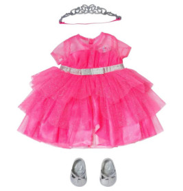 Pinkes, glitzerndes Rüschenkleid mit silbernen Schuhen und Tiara-Stirnband, flach ausgelegt.