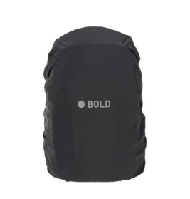 Schwarzer Rucksack-Regenschutz mit weißem BOLD-Aufdruck in der Mitte.