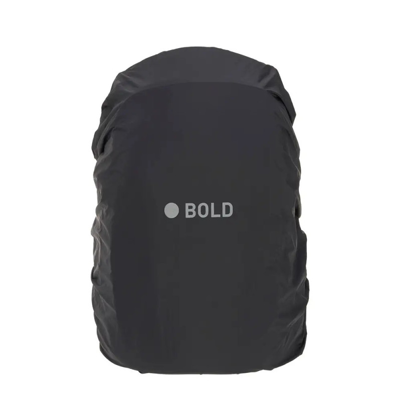 Schwarzer Rucksack-Regenschutz mit weißem BOLD-Aufdruck in der Mitte. Schwarzer Rucksack-Regenschutz mit weißem BOLD-Aufdruck in der Mitte.