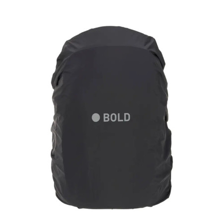 Schwarzer Rucksack-Regenschutz mit weißem BOLD-Aufdruck in der Mitte.