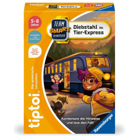 Spieleschachtel mit Comic-Detektiven, Zug und Tieren Titel auf Deutsch: Diebstahl im Tier-Express.