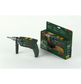 Ein Bosch-Spielzeugbohrer steht neben seiner grünen Verpackung auf weißem Hintergrund.