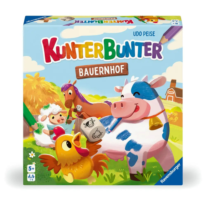 Kunterbunter Bauernhof: Bunte Brettspielbox mit Cartoon-Kuh, -Huhn, -Pferd und -Schaf.