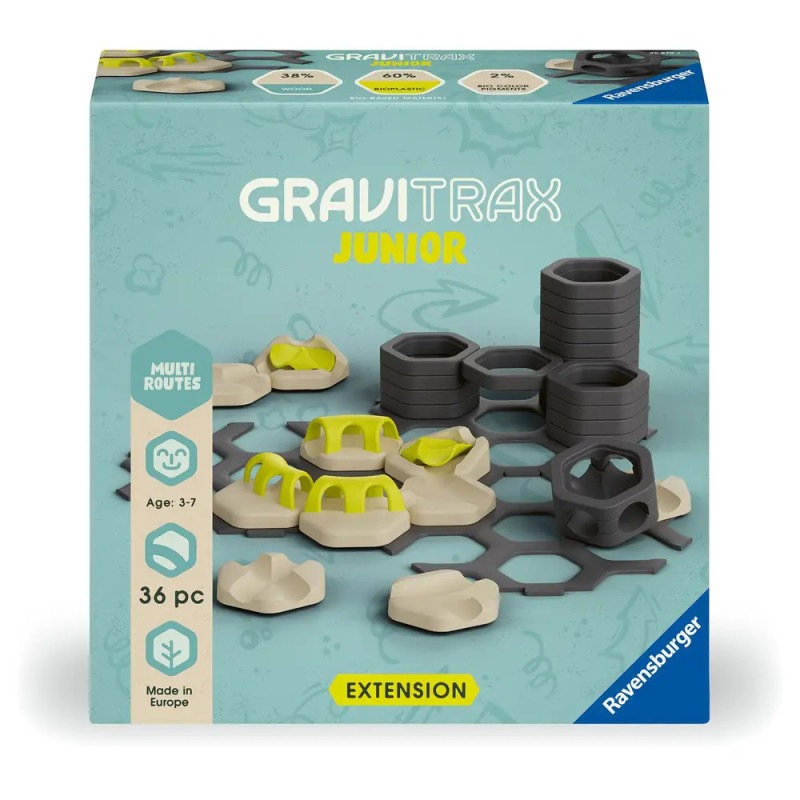 GraviTrax Junior Erweiterungsset für Kinder von 3-7 Jahren, 36 Teile abgebildet auf der Box. GraviTrax Junior Erweiterungsset für Kinder von 3-7 Jahren, 36 Teile abgebildet auf der Box.