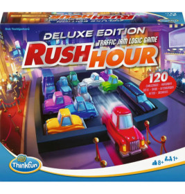 Rush Hour Deluxe Edition Brettspielschachtel mit bunten Autos im Stau vor einer Stadt-Kulisse.