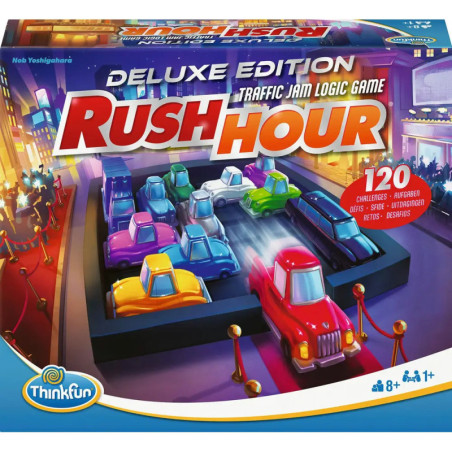 Rush Hour Deluxe Edition Brettspielschachtel mit bunten Autos im Stau vor einer Stadt-Kulisse.