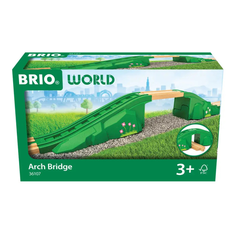 BRIO World Bogenbrücken-Spielset ab 3 Jahren: Verpackung mit grün-hölzerner Brücke.