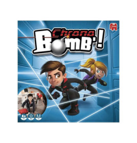 Zwei animierte Kinder weichen auf dem Chrono Bomb!-Spielkarton Laserstrahlen aus.