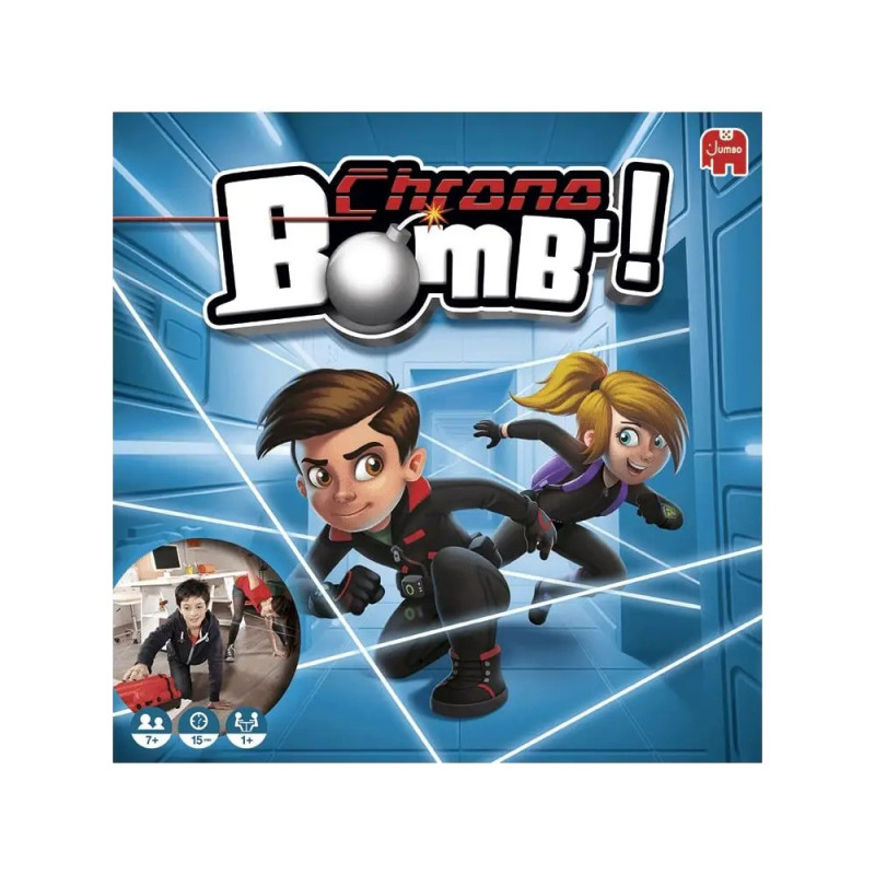 Zwei animierte Kinder weichen auf dem Chrono Bomb!-Spielkarton Laserstrahlen aus. Zwei animierte Kinder weichen auf dem Chrono Bomb!-Spielkarton Laserstrahlen aus.