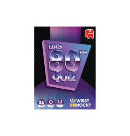 Spielschachtel mit Das 80er Quiz in Glanzschrift, Icons: ab 12 Jahren, 2+ Spieler, 15+ Minuten.