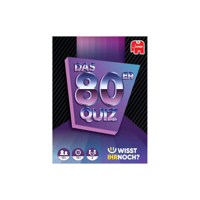 Spielschachtel mit Das 80er Quiz in Glanzschrift, Icons: ab 12 Jahren, 2+ Spieler, 15+ Minuten.