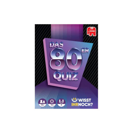 Spielschachtel mit Das 80er Quiz in Glanzschrift, Icons: ab 12 Jahren, 2+ Spieler, 15+ Minuten.