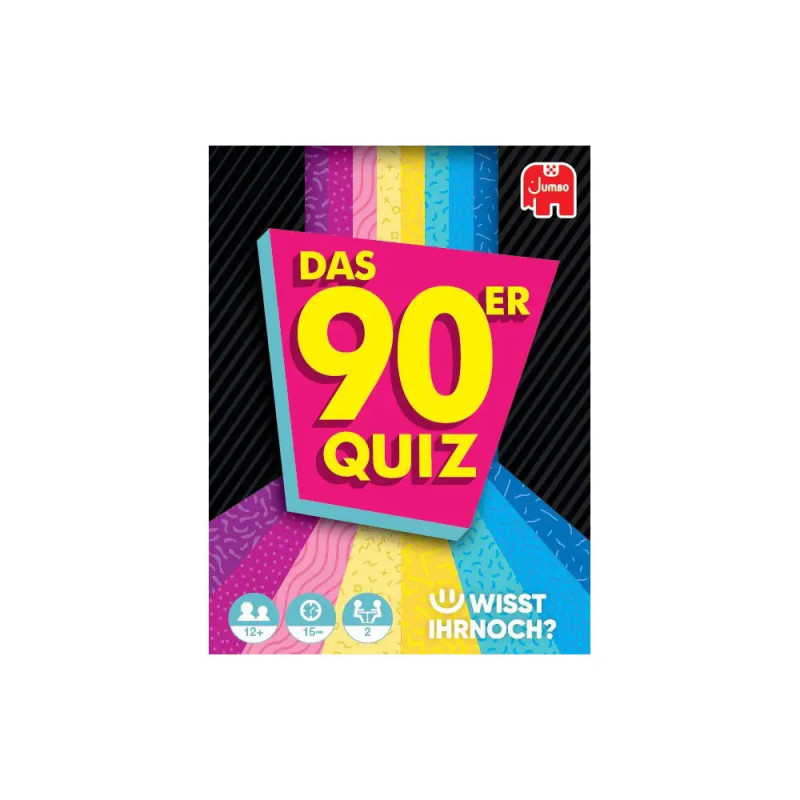 Bunte Spielbox Das 90er Quiz in Gelb und Pink mit Streifen und deutschsprachigem Text.