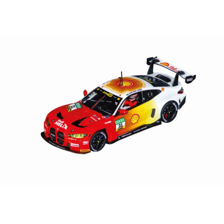 Rotes, weißes und gelbes Rennauto mit Shell- und Hella-Logos, aus der Vogelperspektive auf Weiß.