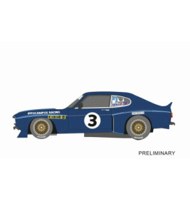 Illustration eines blauen Oldtimers mit der Nummer 3 an der Tür und goldenen Rädern, Seitenansicht.