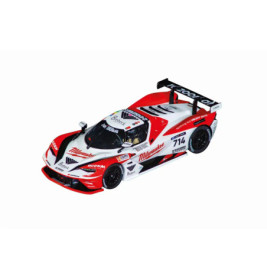 Rot-weiß-schwarzer Rennwagen mit Milwaukee-Branding und Nummer 714, aus der Vogelperspektive.