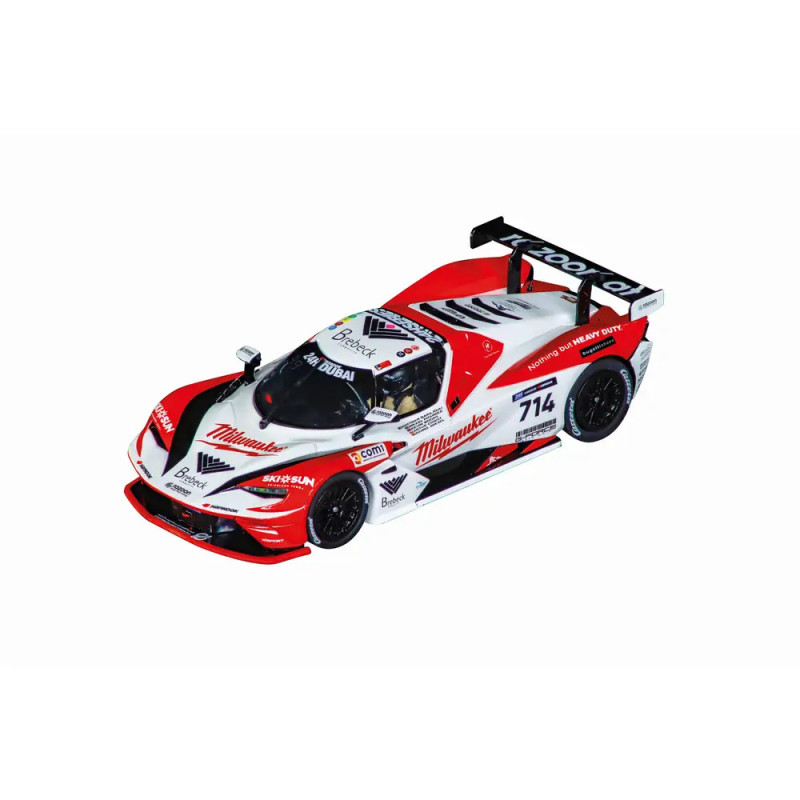 Rot-weiß-schwarzer Rennwagen mit Milwaukee-Branding und Nummer 714, aus der Vogelperspektive.