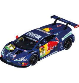 Blauer Red Bull Rennwagen Nr. 27 mit Spoiler und Sponsorenlogos aus schräger Vogelperspektive.