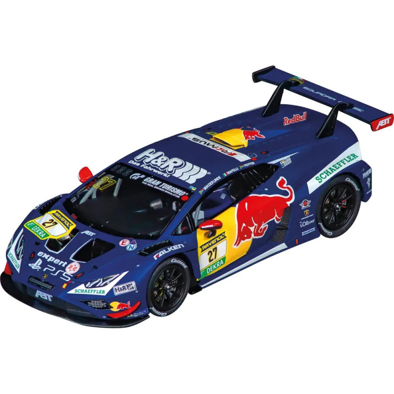 Blauer Red Bull Rennwagen Nr. 27 mit Spoiler und Sponsorenlogos aus schräger Vogelperspektive.