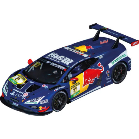 Blauer Red Bull Rennwagen Nr. 27 mit Spoiler und Sponsorenlogos aus schräger Vogelperspektive.