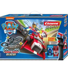 Paw Patrol Carrera GO! Rennbahn-Set mit Chase & Marshall in Autos auf Box mit Streckenabbildung.