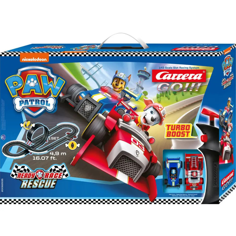 Paw Patrol Carrera GO! Rennbahn-Set mit Chase & Marshall in Autos auf Box mit Streckenabbildung.