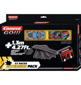 Carrera GO!!! GT Racer Erweiterungspack mit zwei Spielzeugautos und Streckenteilen auf der Verpackung.