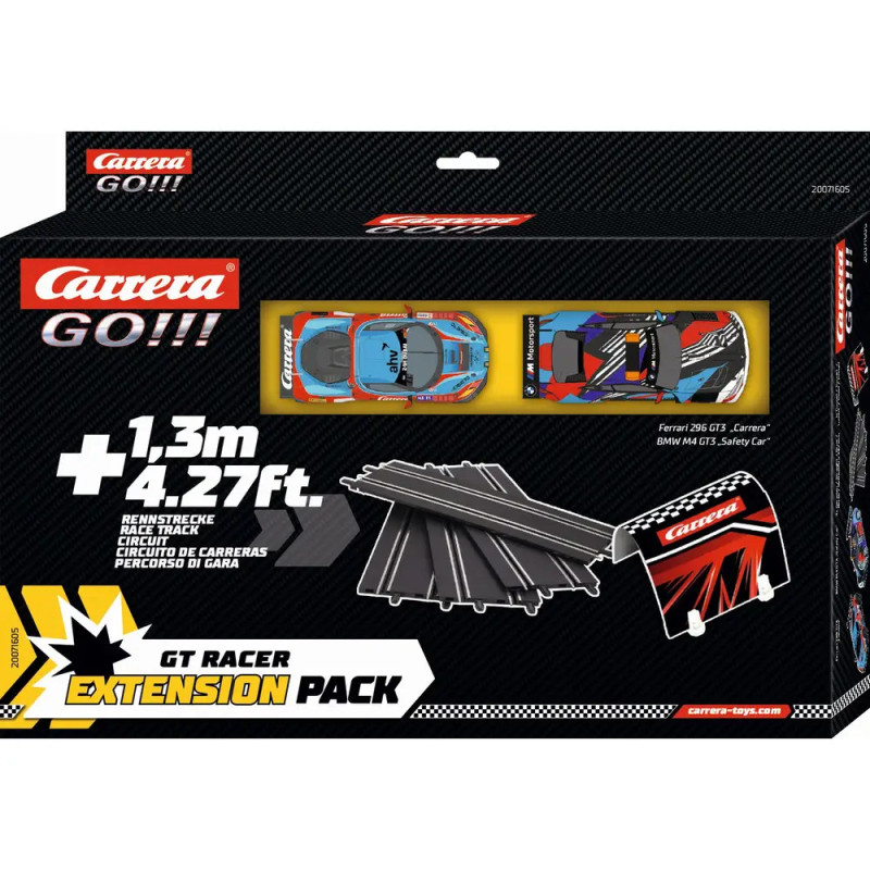 Carrera GO!!! GT Racer Erweiterungspack mit zwei Spielzeugautos und Streckenteilen auf der Verpackung.