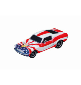 Spielzeugauto in Rot, Weiß und Blau mit Adler- und US-Flaggendesign auf der Motorhaube, von oben.