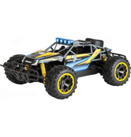 Schwarzes und gelbes ferngesteuertes Offroad-Auto mit robusten Reifen und blauen Akzenten auf Weiß.