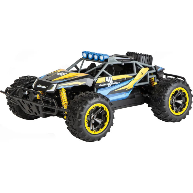 Schwarzes und gelbes ferngesteuertes Offroad-Auto mit robusten Reifen und blauen Akzenten auf Weiß.