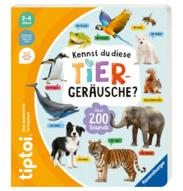 Deutsches Kinderbuchcover mit Tieren, ihren Namen und dem Titel Kennst du diese Tiergeräusche?.