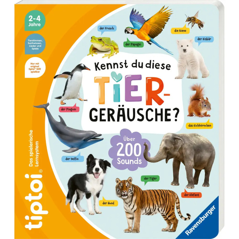 Deutsches Kinderbuchcover mit Tieren, ihren Namen und dem Titel Kennst du diese Tiergeräusche?.