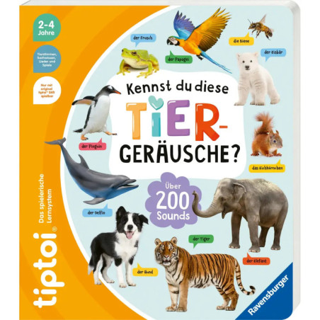 Deutsches Kinderbuchcover mit Tieren, ihren Namen und dem Titel Kennst du diese Tiergeräusche?.