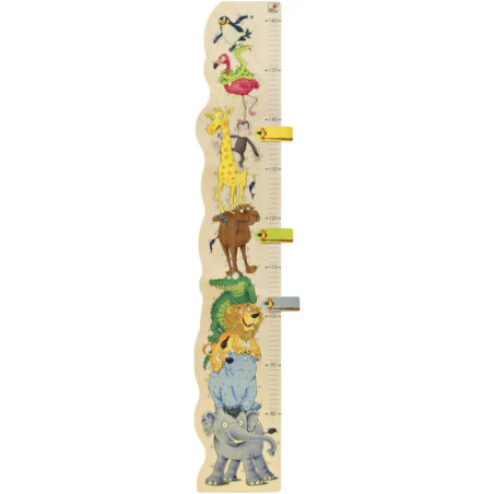Holzwachstumsmesser mit übereinandergestapelten Tieren: Elefant, Löwe, Giraffe, Flamingo und Vögel.