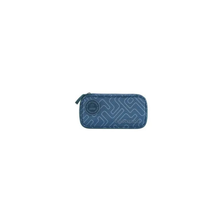 Blaues Federmäppchen mit Reißverschluss, geometrischem Muster und rundem Aufnäher oben links.