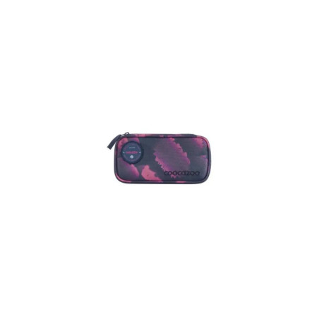 Rechteckiges Etui mit schwarz-pinkem Muster, Reißverschluss und coocazoo-Logo.