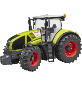 Grüner und schwarzer Claas Axion Spielzeugtraktor mit roten Rädern vor weißem Hintergrund.