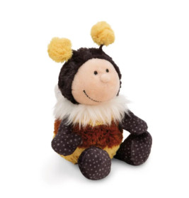 Plüsch-Bienenfigur mit lächelndem Gesicht, weichen Fühlern und gepunkteten Gliedmaßen, sitzend.