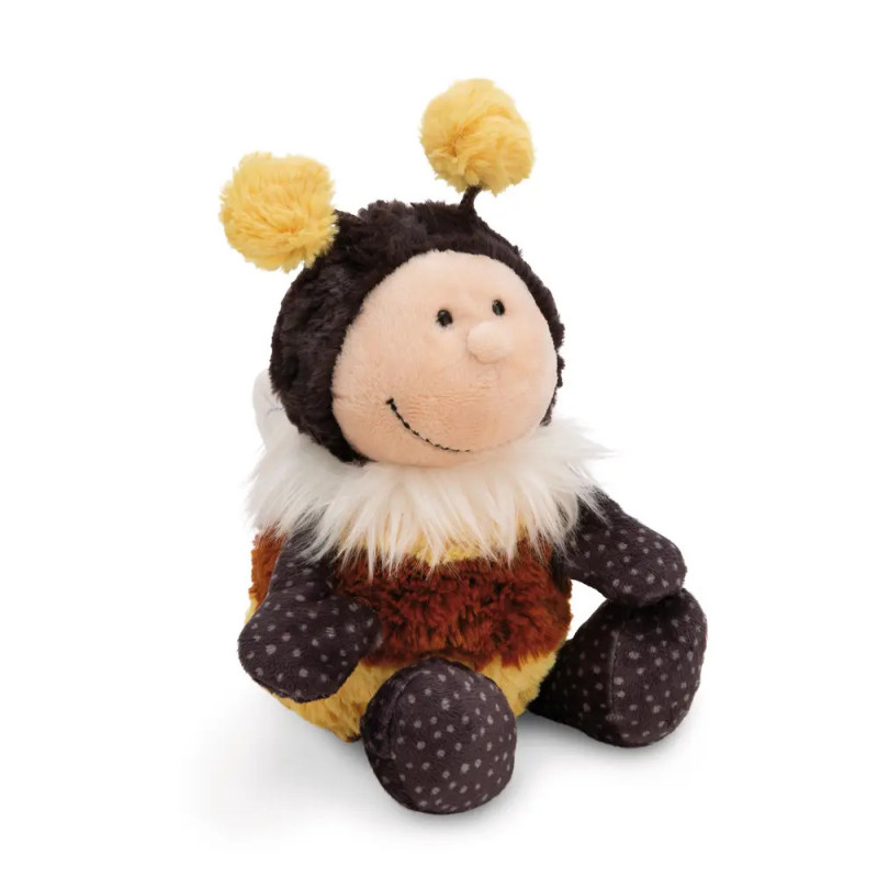 Plüsch-Bienenfigur mit lächelndem Gesicht, weichen Fühlern und gepunkteten Gliedmaßen, sitzend. Plüsch-Bienenfigur mit lächelndem Gesicht, weichen Fühlern und gepunkteten Gliedmaßen, sitzend.