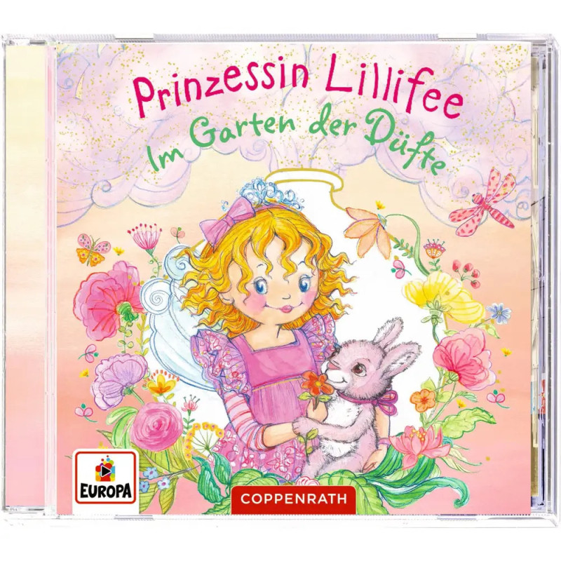 CD-Hülle: Prinzessin Lillifee hält ein Kaninchen in einem bunten, blumenreichen Garten.