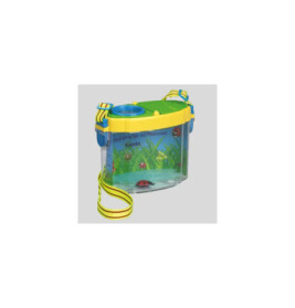 Klares Insektenbehältnis mit grünem Deckel, gelbem Henkel und einem Insektenmotiv an der Seite.