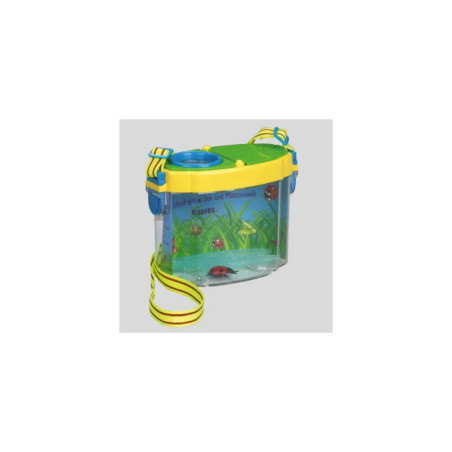 Klares Insektenbehältnis mit grünem Deckel, gelbem Henkel und einem Insektenmotiv an der Seite.