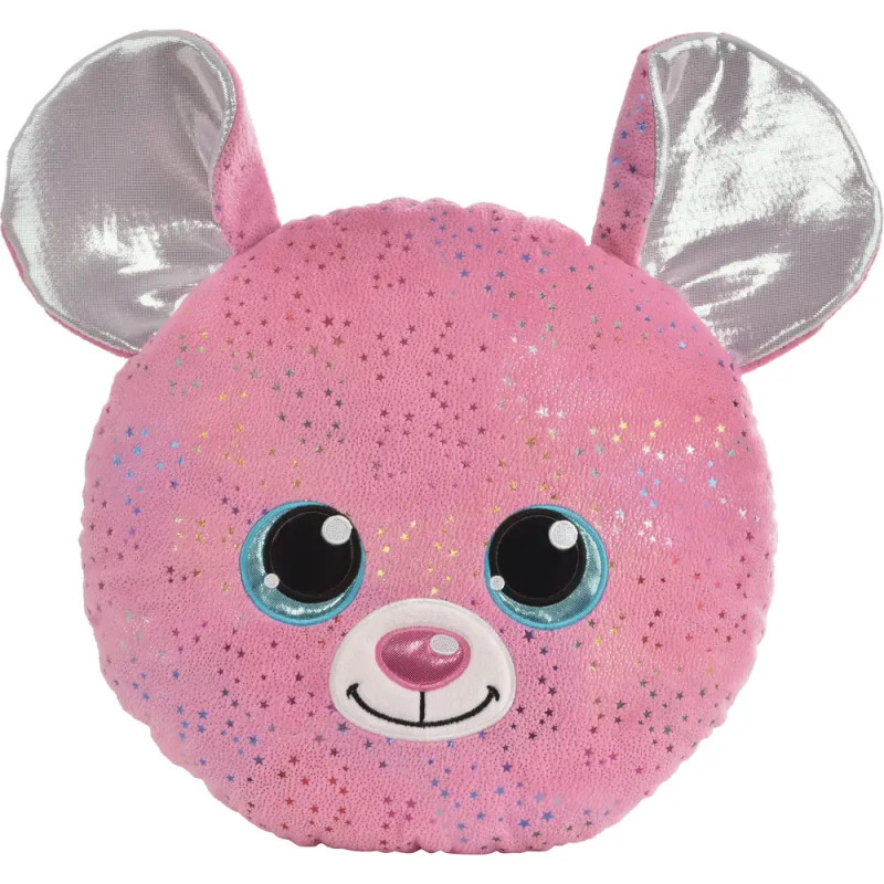 Rundes, rosa Plüschbärengesicht mit blauen Augen, silbernen Ohren und Sternmustern.